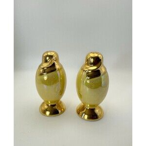 Vintage Salt Pepper Shaker Japan Yellow Lusterware Porcelain 22K Gold Trim